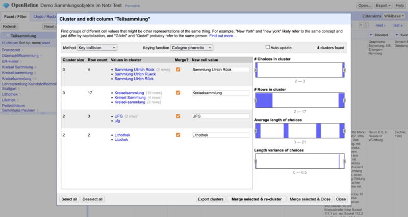 Abb. 1: Clustering in OpenRefine (Screenshot: Louise Tharandt).