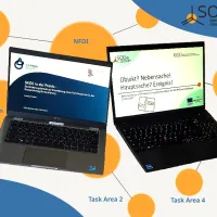 Im Vordergrund zwei Notebooks. Auf dem einen ist eine Präsentation von NFDI4Objects zusehen auf dem anderen eine von SODa. Im Hintergrund ist ein Wissensgraph dargestellt mit orangenen Knoten und Kanten. In und an den Knoten stehen die Namen von NFDI Konsortien und Arbeitsbereichen